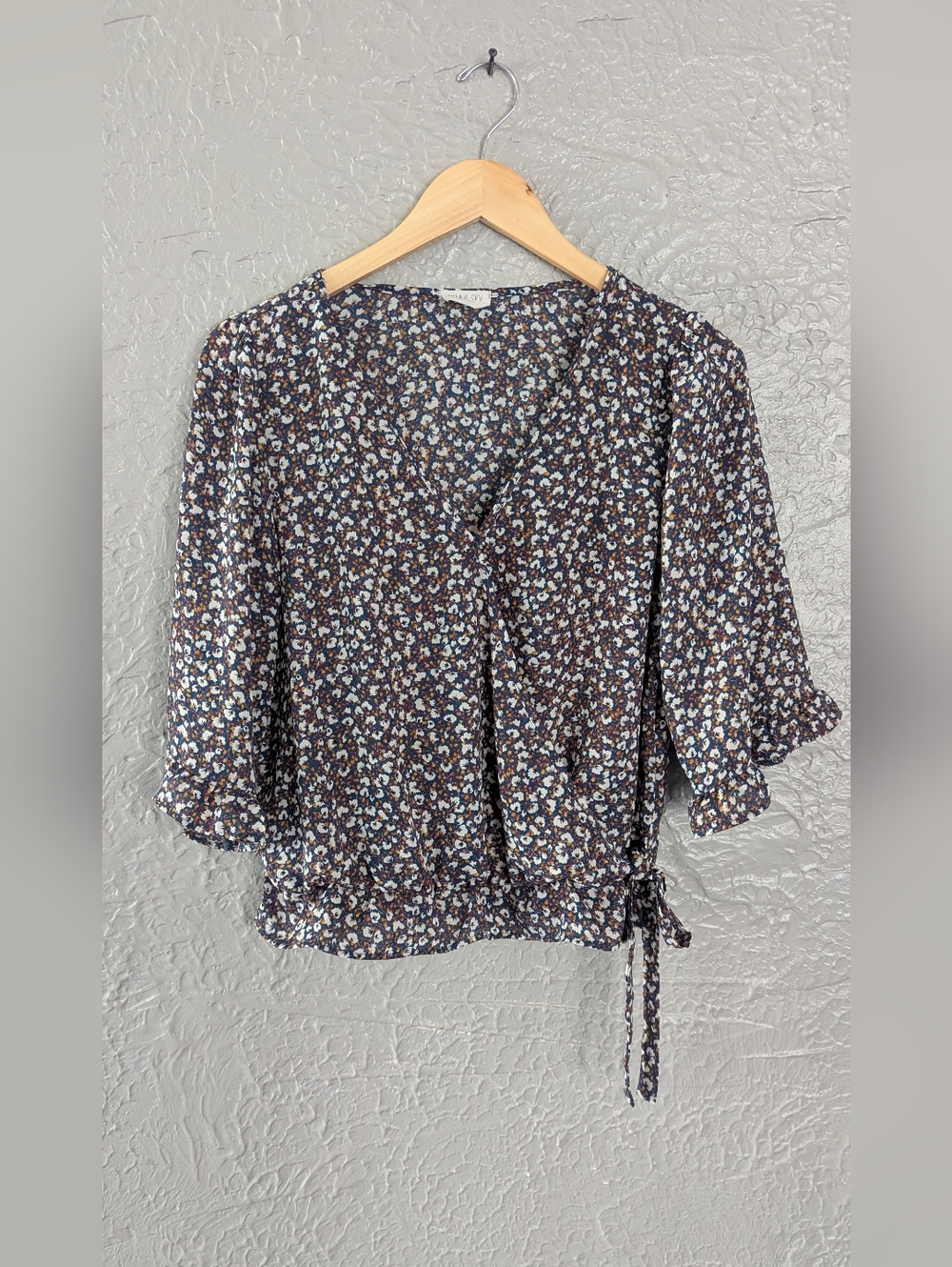 Printed Wrap-Style Blouse, Floral Print. Medium